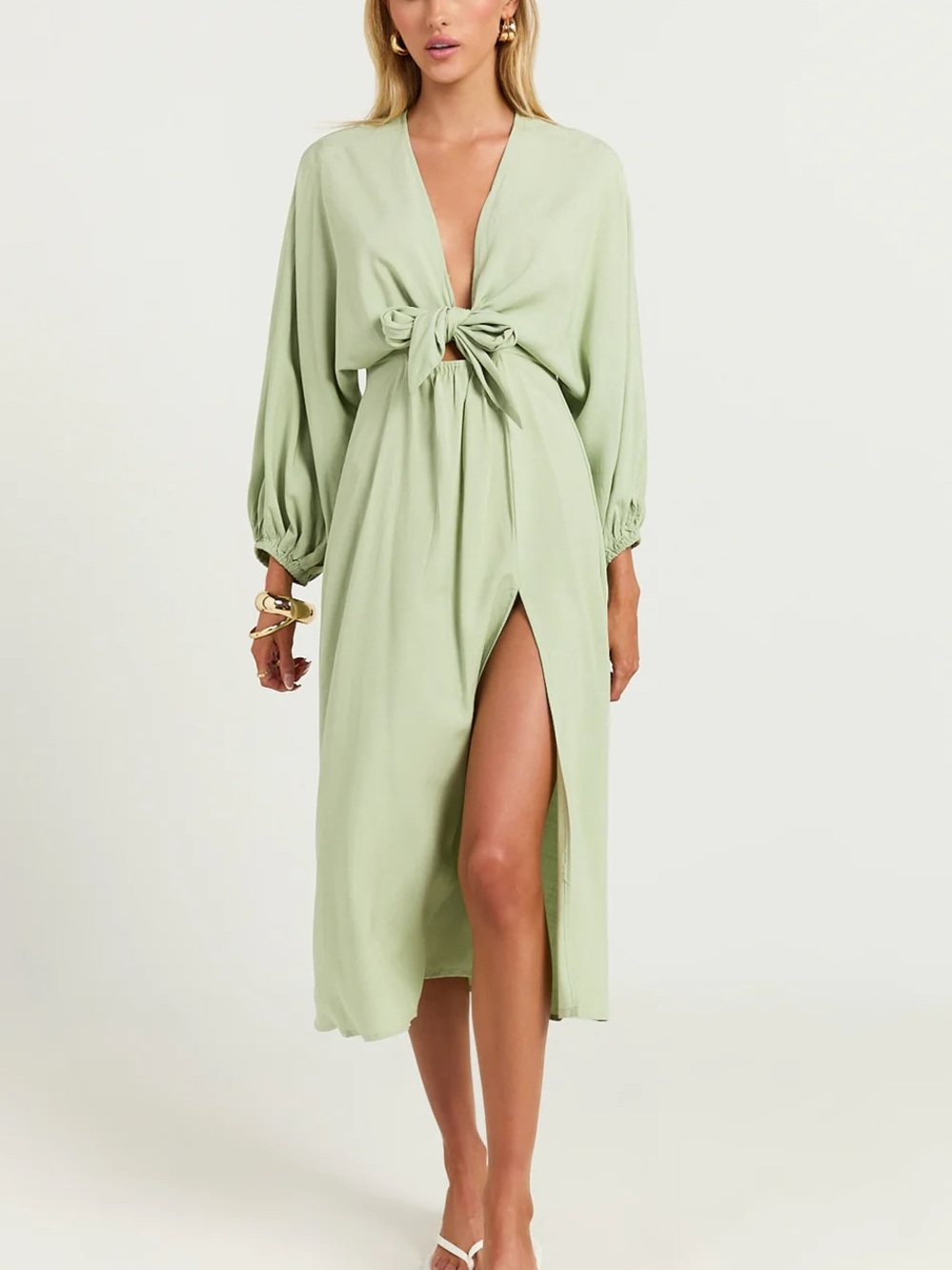 Showpo Sage Green Tie-Front Midi Dress